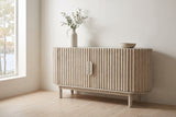 Vitorchiano sideboard in Natural White Wash against a warm white plaster wall in a North Hatley, Quebec dining room, maples and the lake through the window
