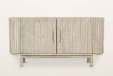 Vitorchiano sideboard from the front: two reeded doors meeting at one split oval pull, curved reeded end doors, the oval plinth and four round legs