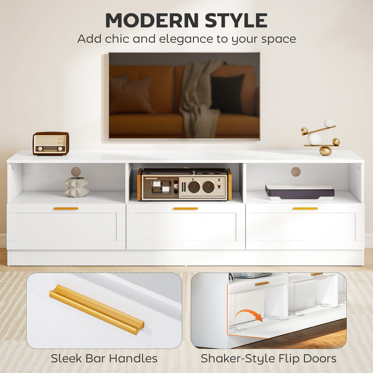 Dallas Modern TV Stand with Storage Cabinets for TVs up to 85" - White