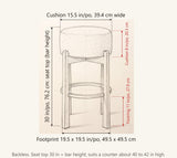 Vogogna dimensions: 30 in seat top, cushion 15.5 in wide and 8 in thick, footring 11 in off the floor