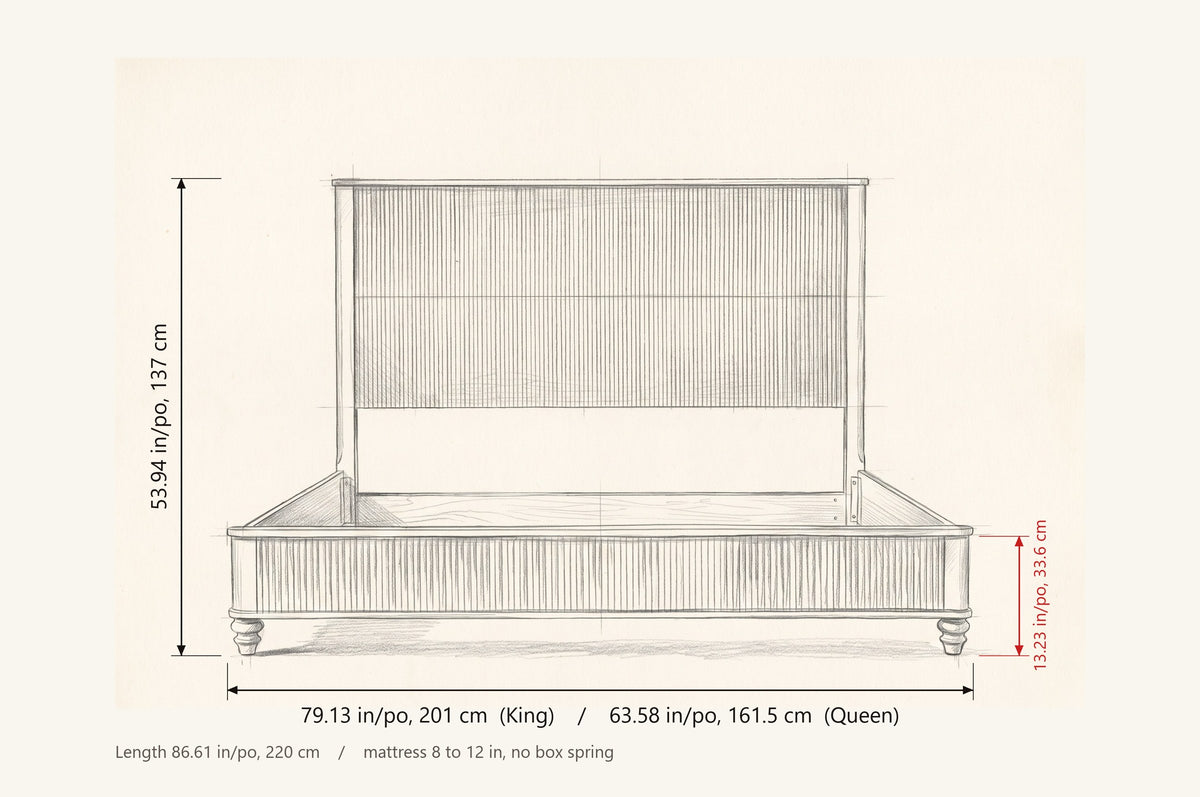 Volterra bed dimensions: King 79.13 in wide, Queen 63.58 in wide, 53.94 in high, footboard 13.23 in, 86.61 in long