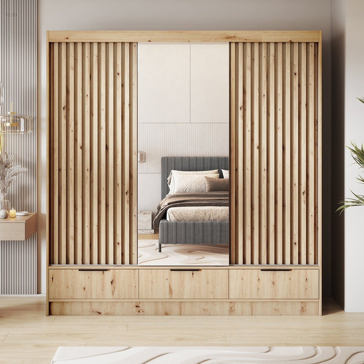 Voodi III Oak Wood Paneled Free Standing Wardrobe - Light Artisan Oak