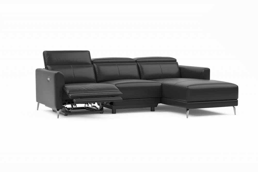 Valencia Andria Modern Right Hand Facing Top Grain Leather Reclining Sectional Sofa, Black Color