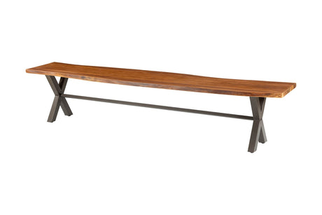 Wexford 70 in live edge solid acacia bench on iron X legs, three-quarter view