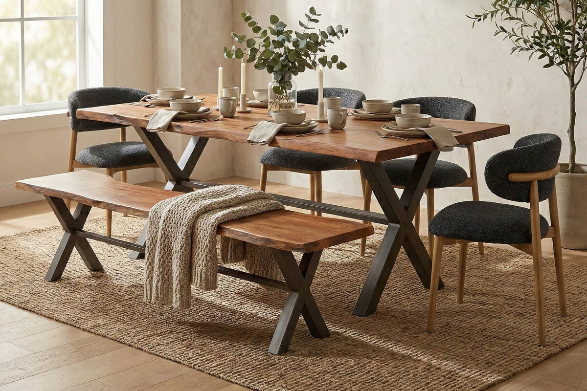 Wexford 82 in live edge dining table with bench and black chairs in a bright room
