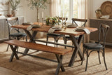 Wexford 82 in live edge table set for dinner with a bench and cross-back chairs
