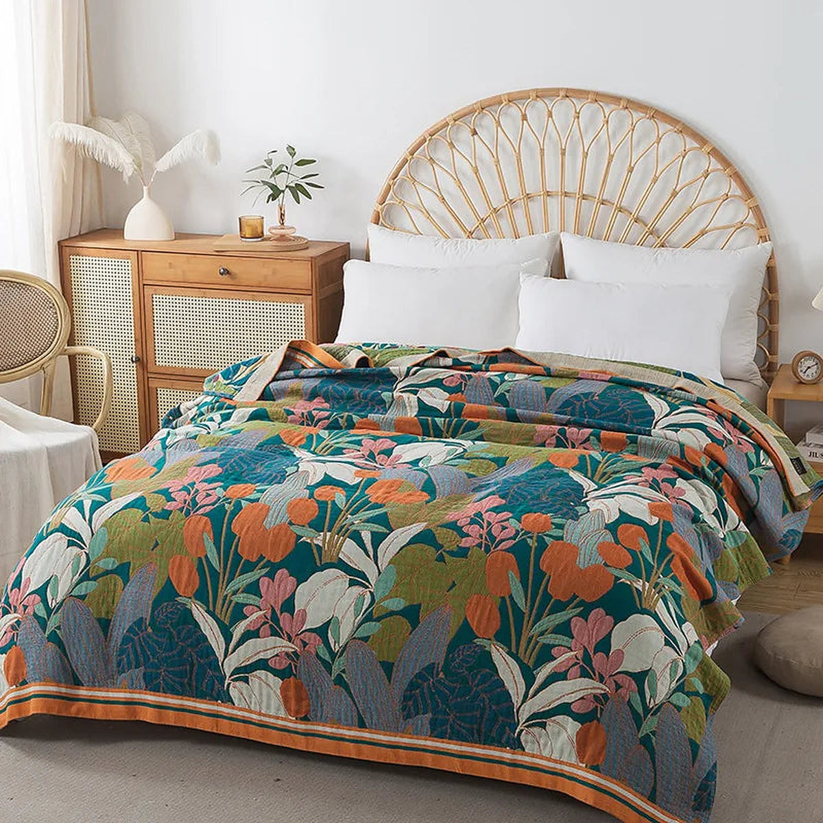 Wild Garden Boho Cotton Blanket/Throw - Teal/Orange