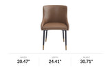 Wilkes brown faux leather dining chair, front view with dimensions