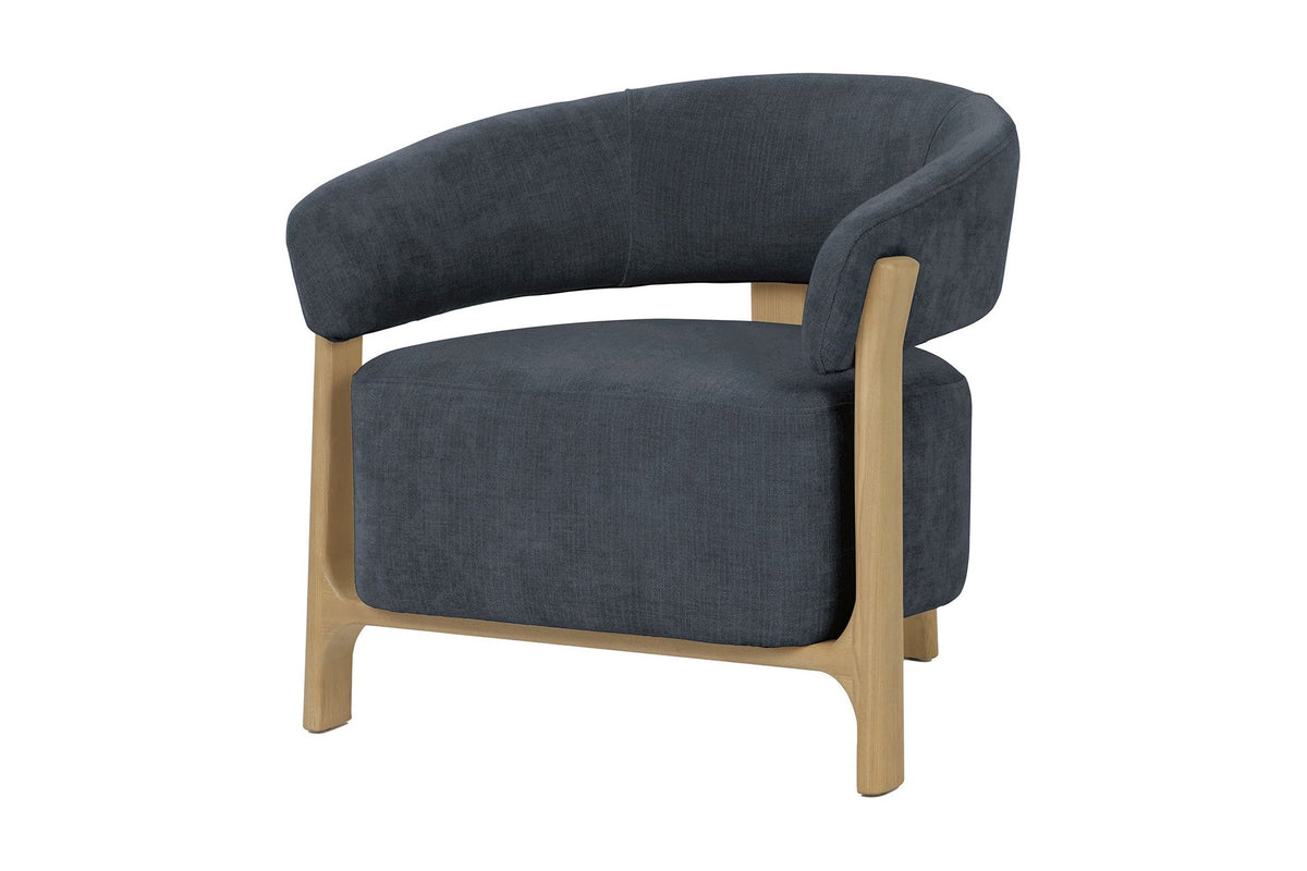 Willoughby club chair in Spruce Grey chenille with a natural ash frame, three-quarter view