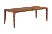 Winslow dark burl veneer dining table with slim tapered legs, three-quarter view