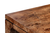 Close-up of the Winslow burl veneer top edge, black accent line and leg corner