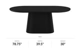 Yale black oval pedestal dining table, front view with dimensions