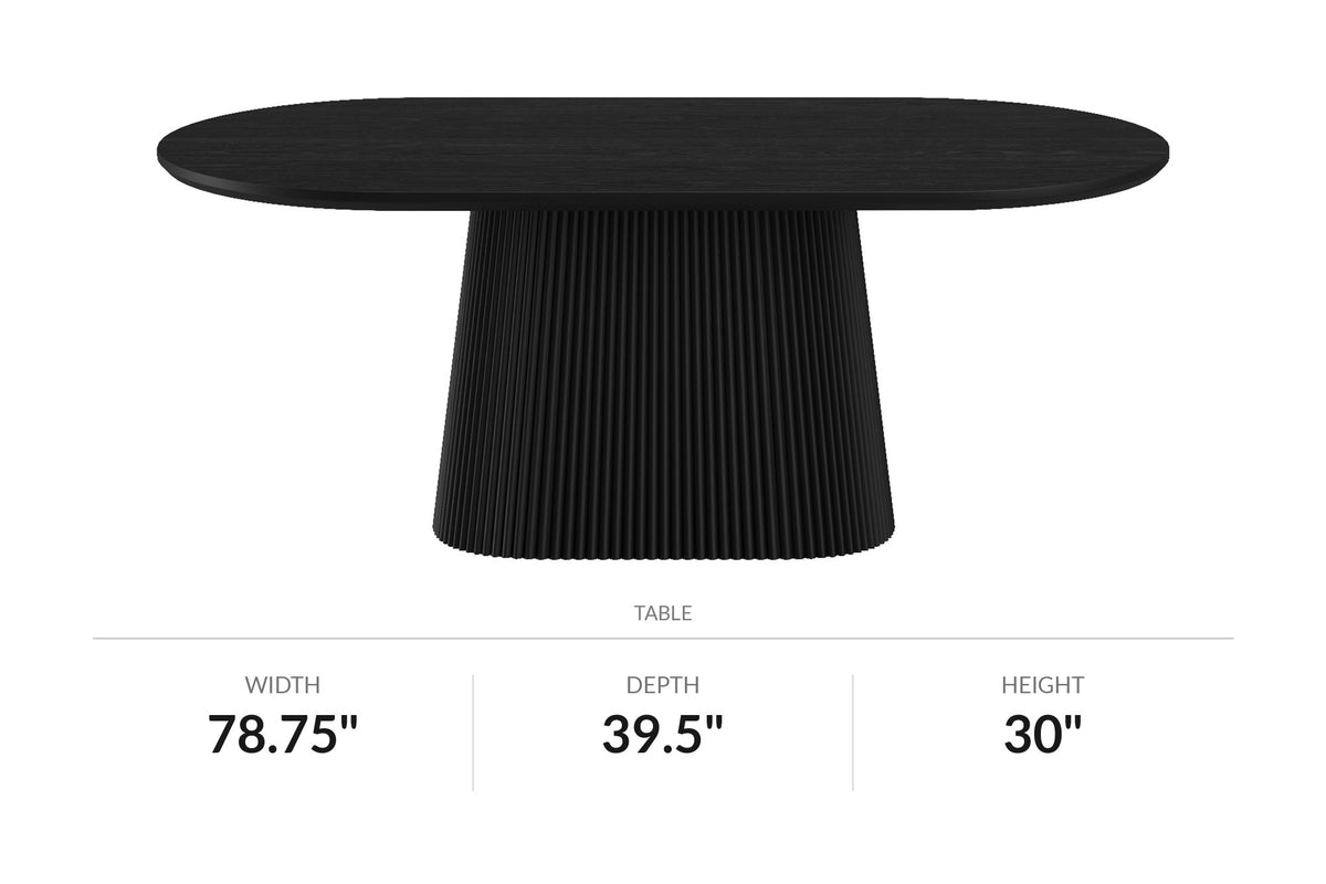 Yale black oval pedestal dining table, front view with dimensions