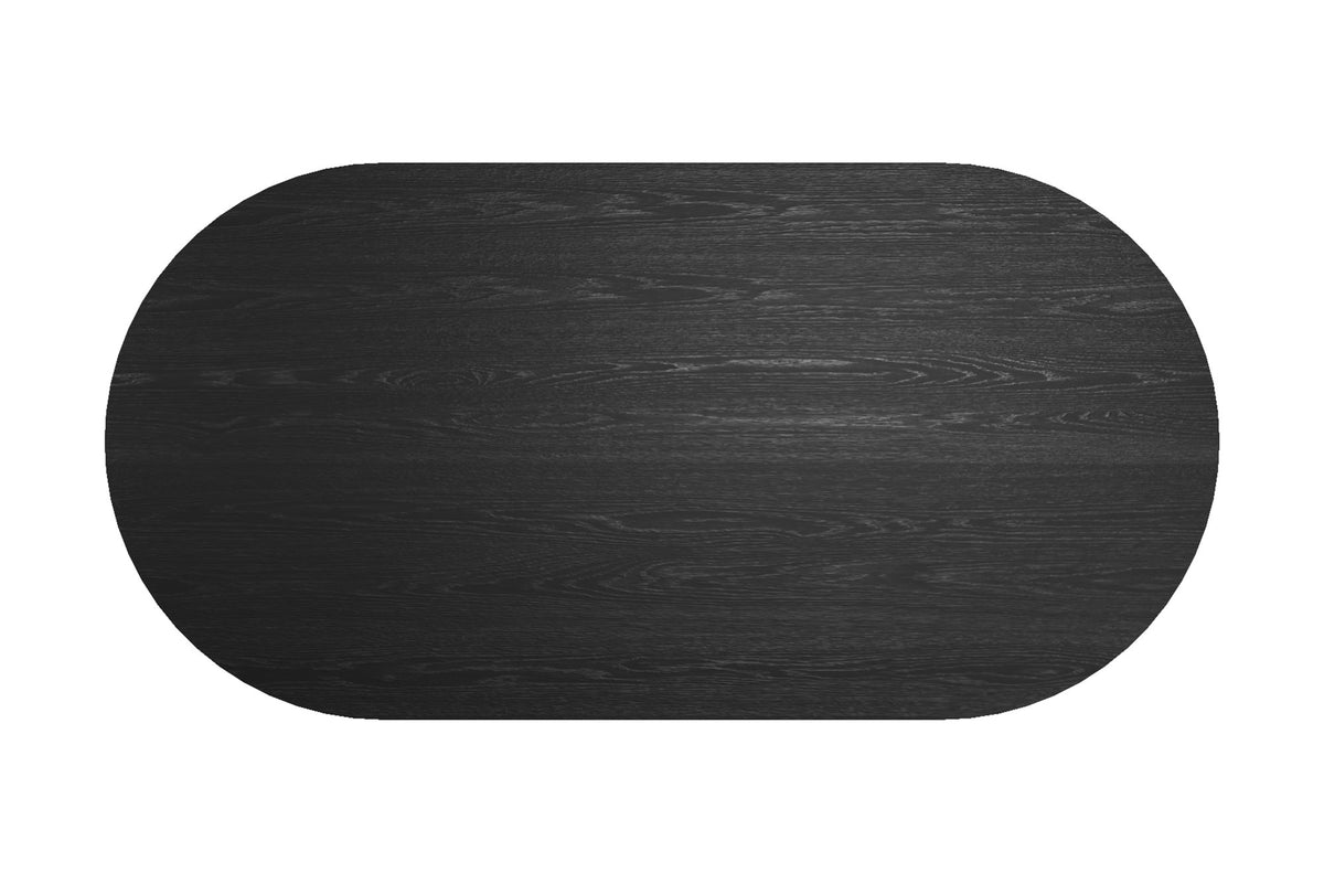 Top view of the Yale oval table showing oak grain under the black finish