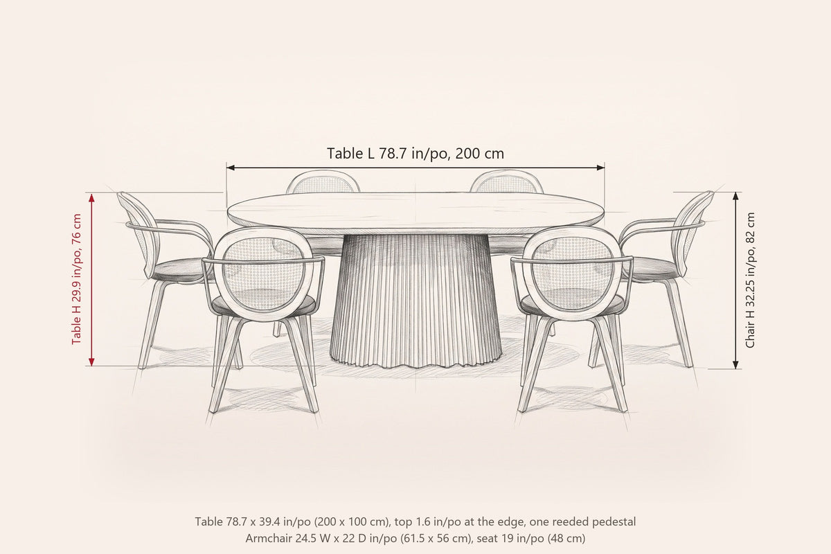 Yale dining set dimensions: table 78.7 in long, 39.4 in wide and 29.9 in high; armchair 32.25 in high, seat 19 in