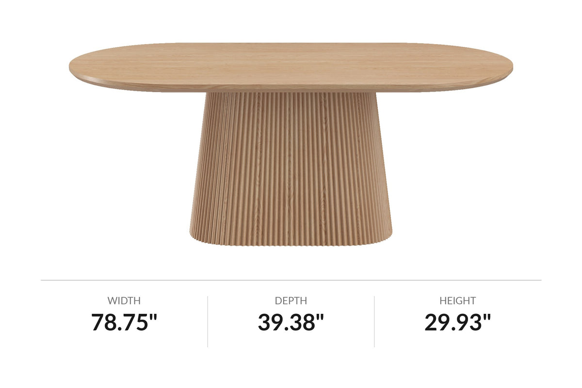 Yale oval pedestal dining table, front view with dimensions