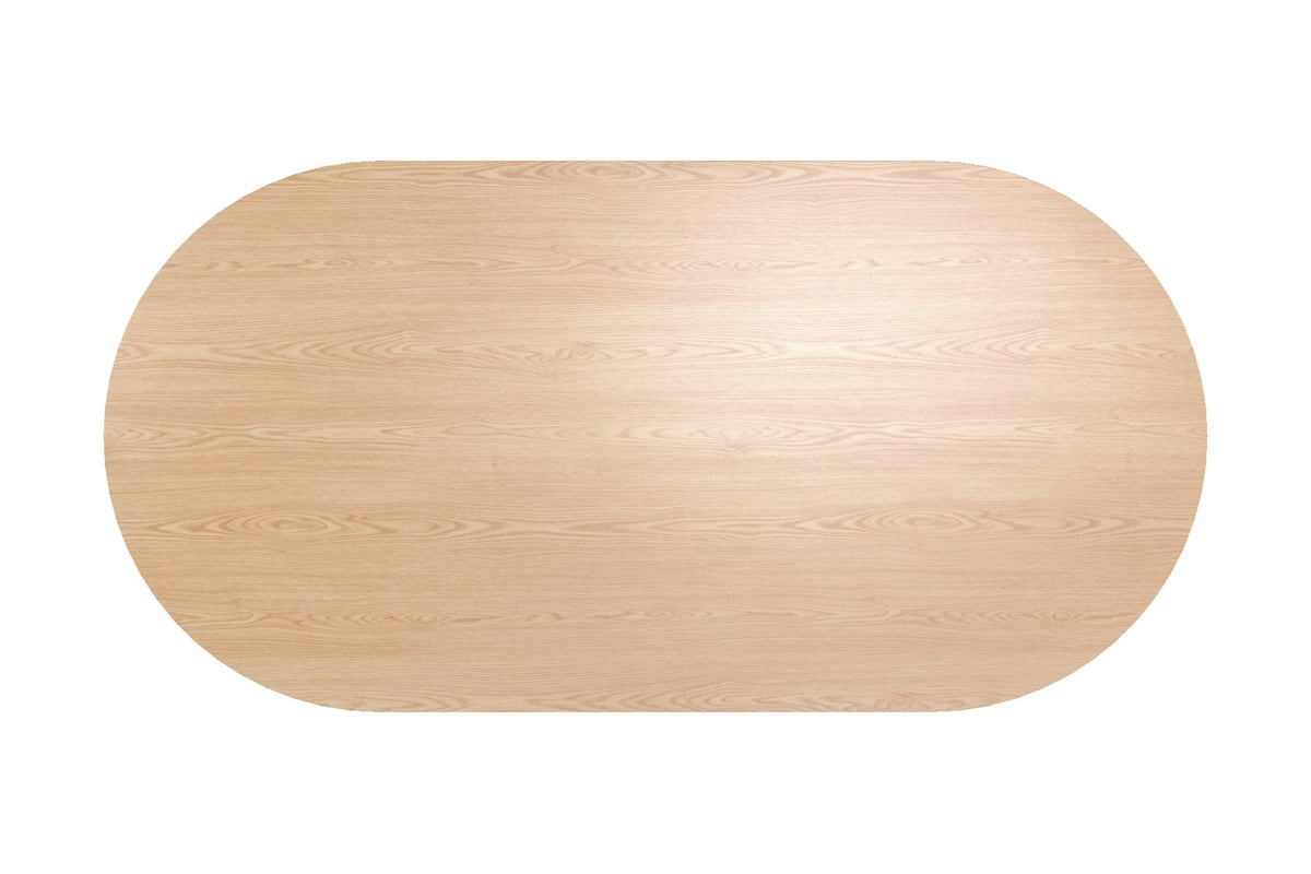 Top view of the Yale oval table showing natural oak veneer grain