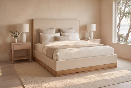 Yami Wood Detail Upholstered Platform Bed - Beige Oak