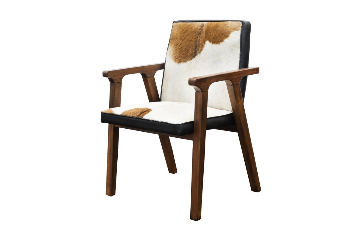 Yardley goat hair and leather accent chair with mindi oak frame, three-quarter view