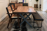 Yardley goat hide chairs at a live edge dining table