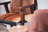 Yardley chair close-up of the mindi oak arm and hide-covered seat