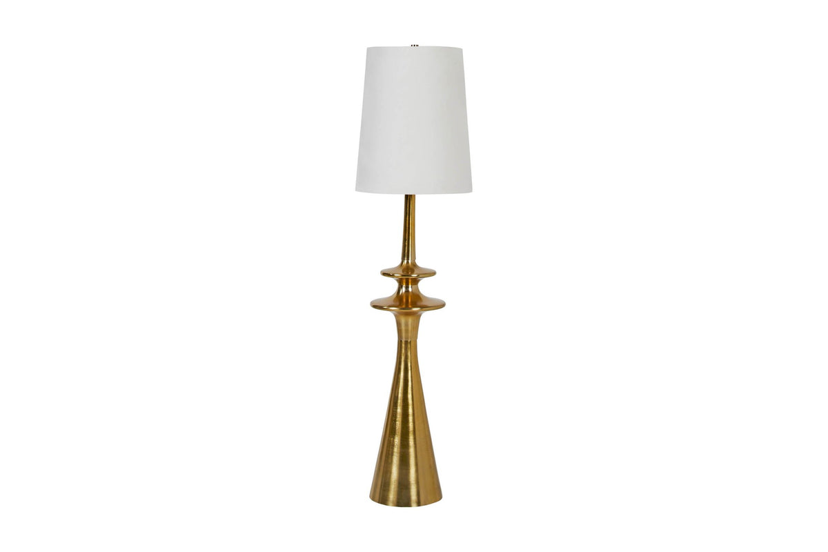Yvette antique brass floor lamp with off-white linen shade, front view
