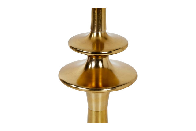 Yvette Antique Brass Floor Lamp with Linen Shade - Stacked Disc Detail