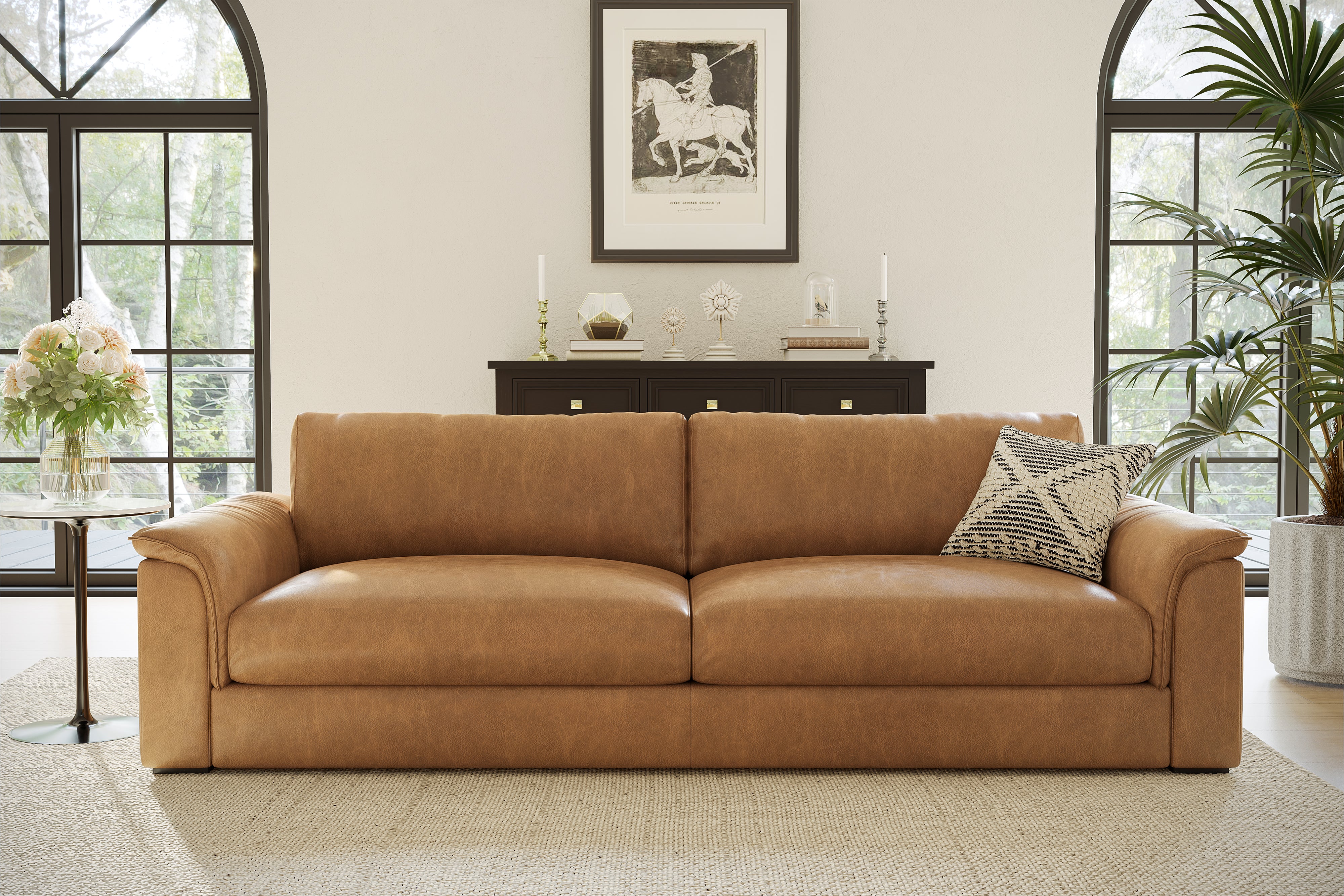 Valencia Zaira Leather Wide Sofa, Camel Brown