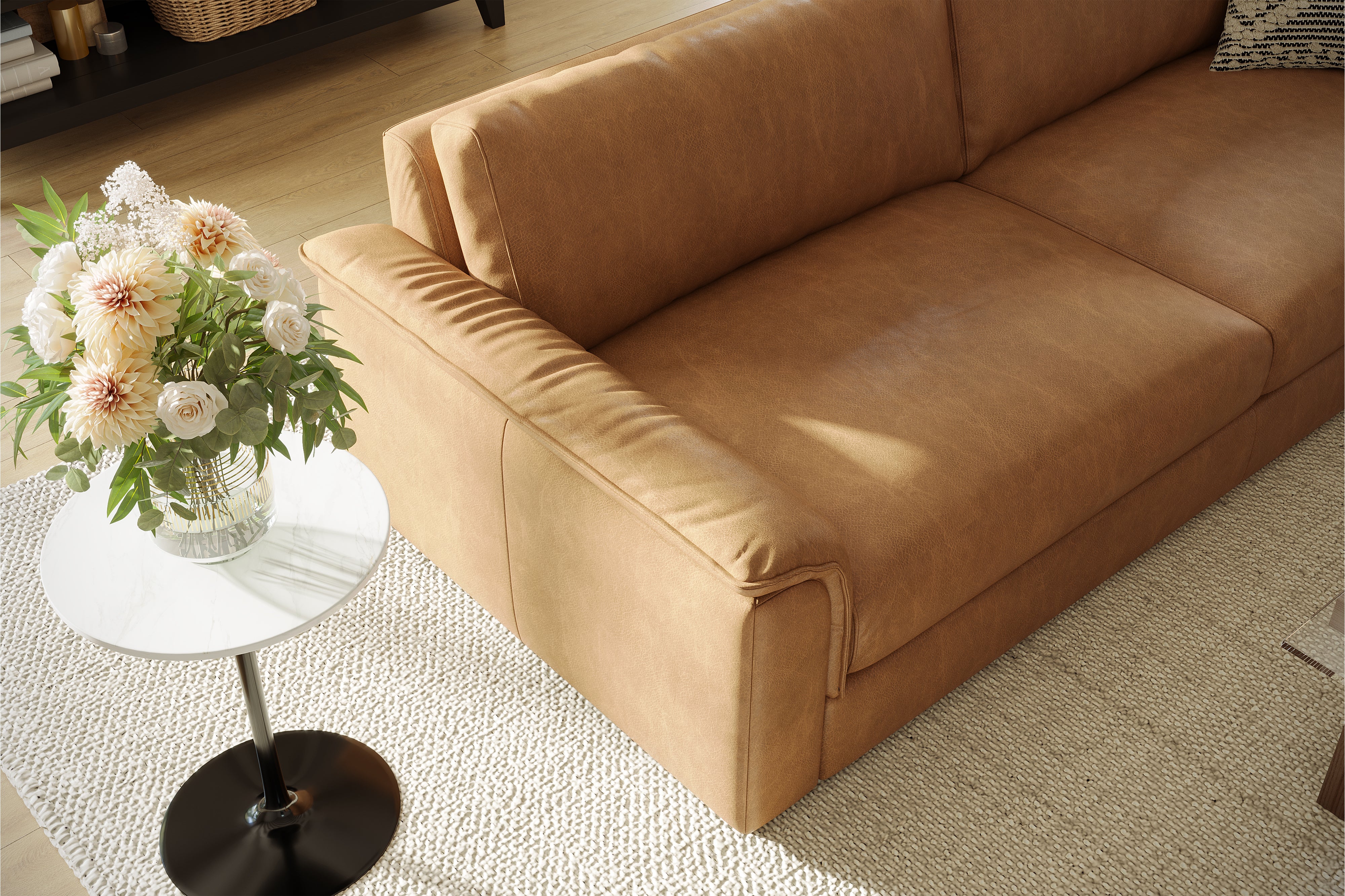 Valencia Zaira Leather Wide Sofa, Camel Brown