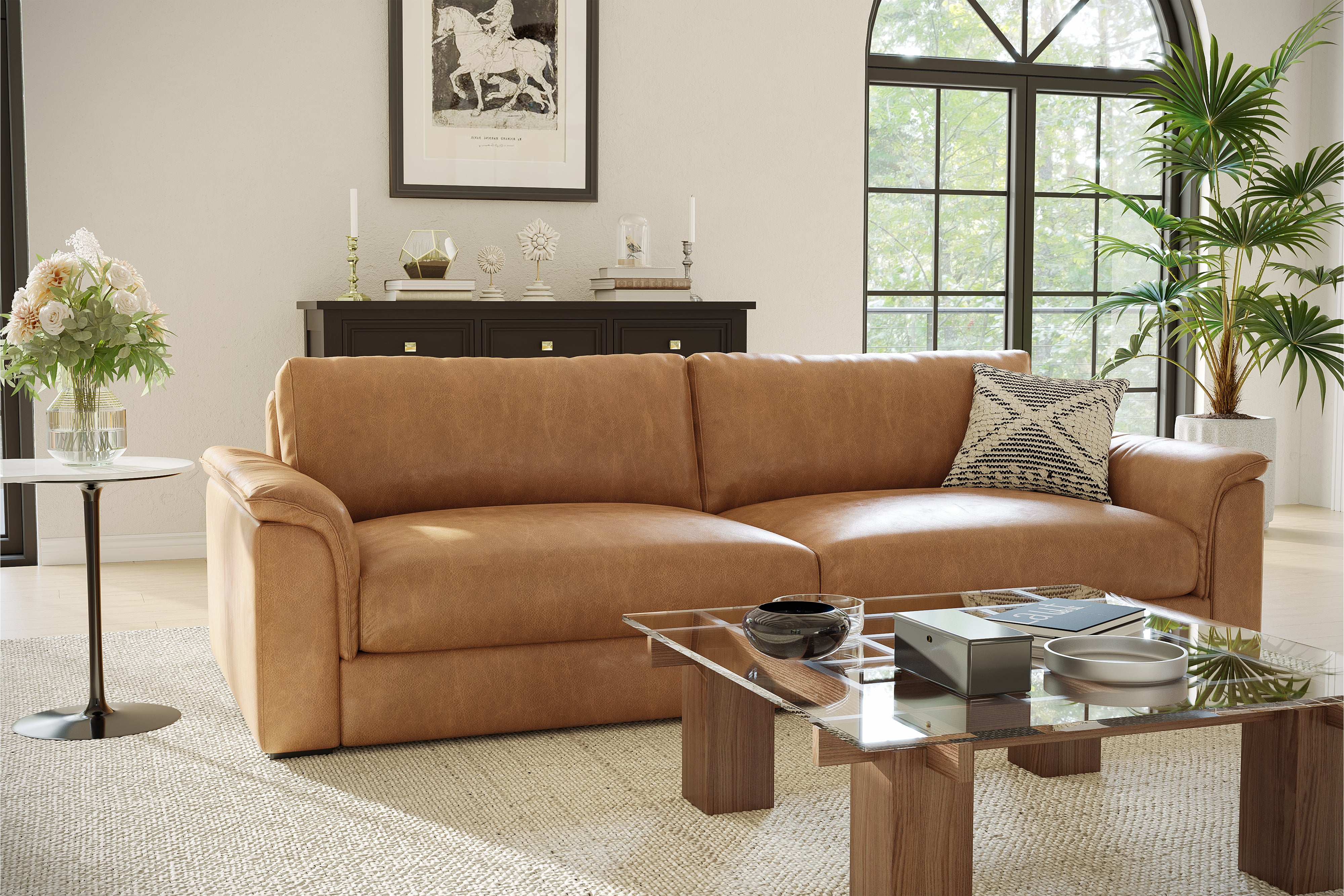 Valencia Zaira Leather Wide Sofa, Camel Brown