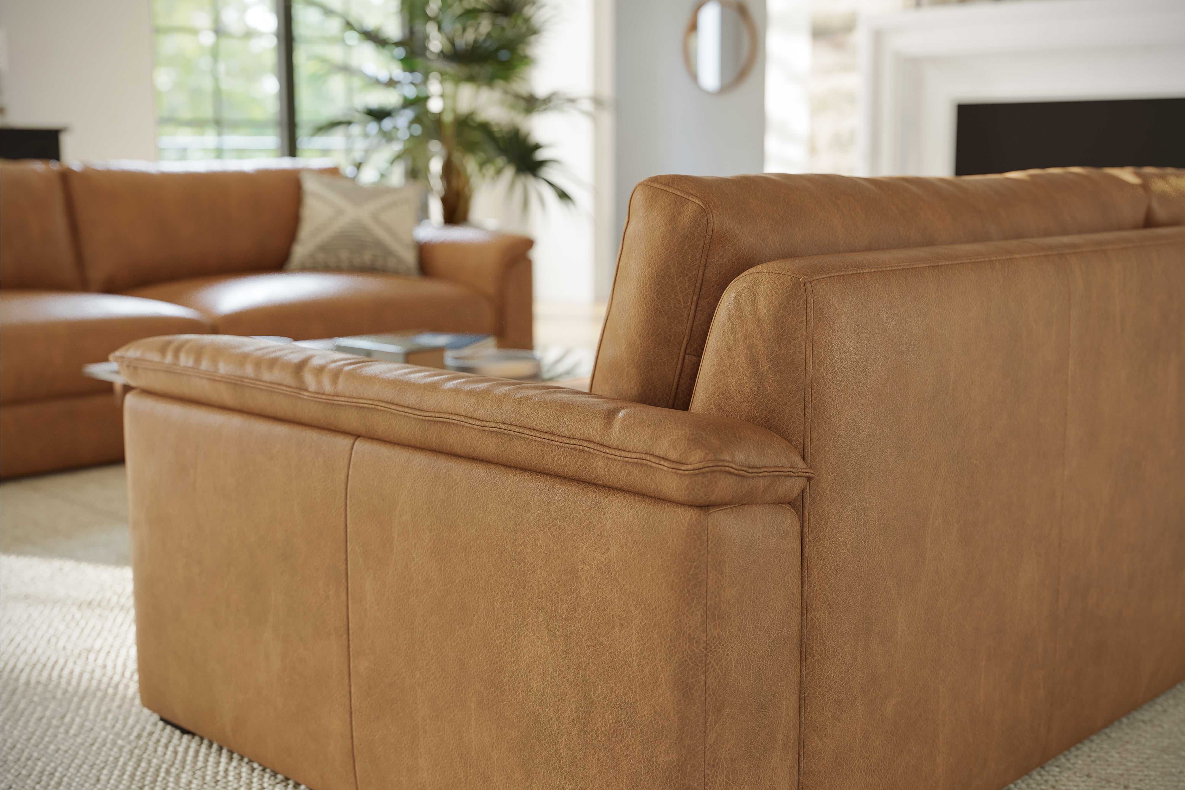 Valencia Zaira Leather Wide Sofa, Camel Brown