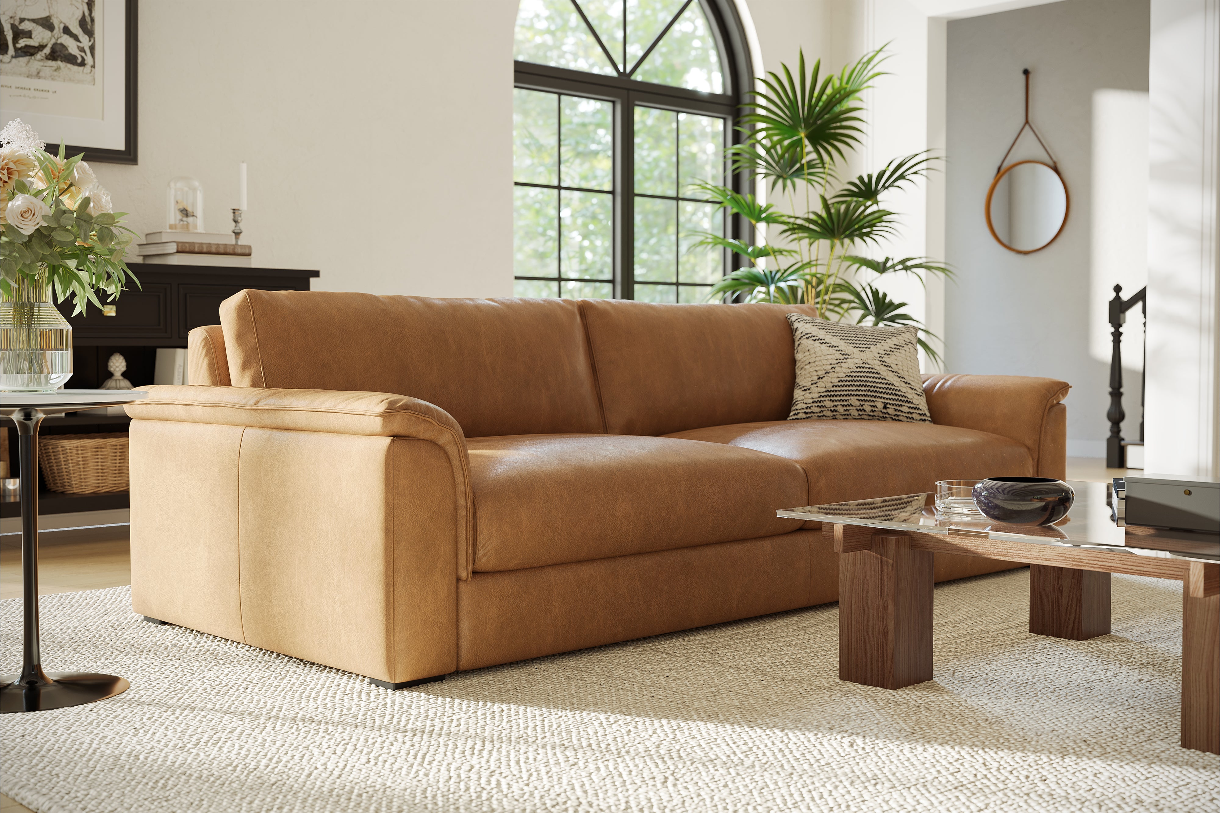 Valencia Zaira Leather Wide Sofa, Camel Brown