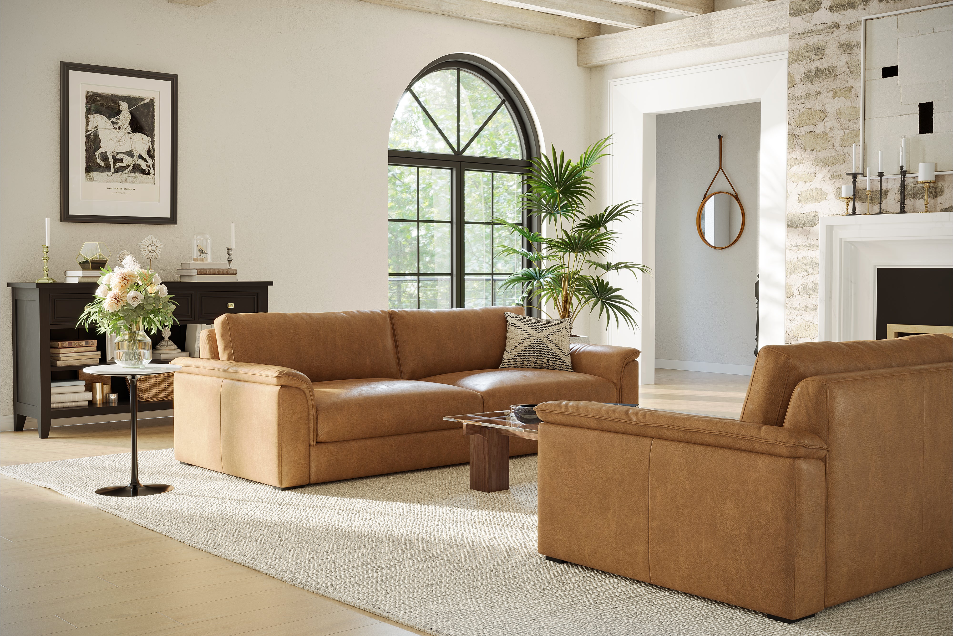 Valencia Zaira Leather Wide Sofa, Camel Brown