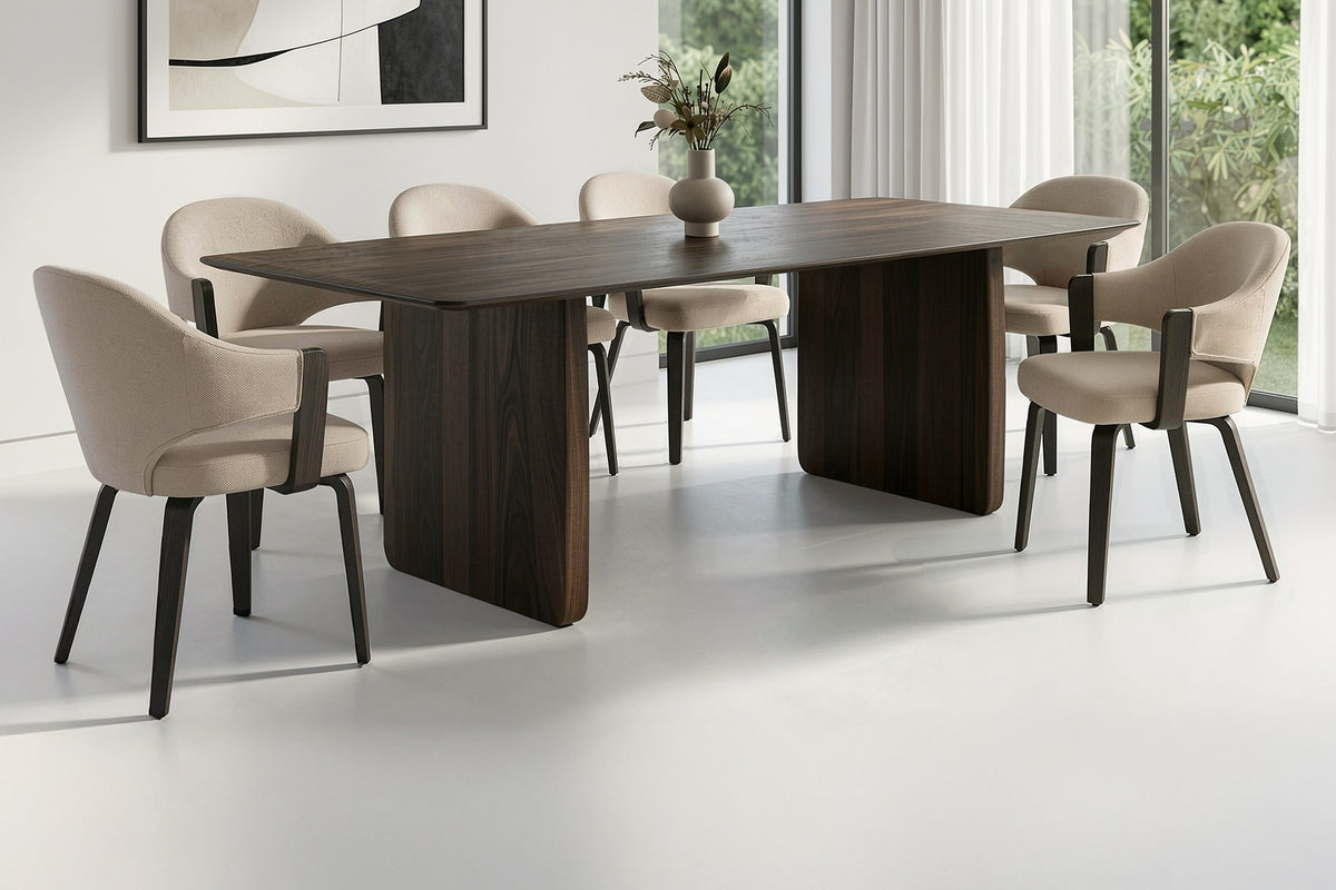 Zane 7-piece dining set with mocha mango wood table and six herringbone fabric armchairs
