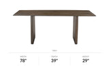 Zane mango wood dining table, front view with dimensions
