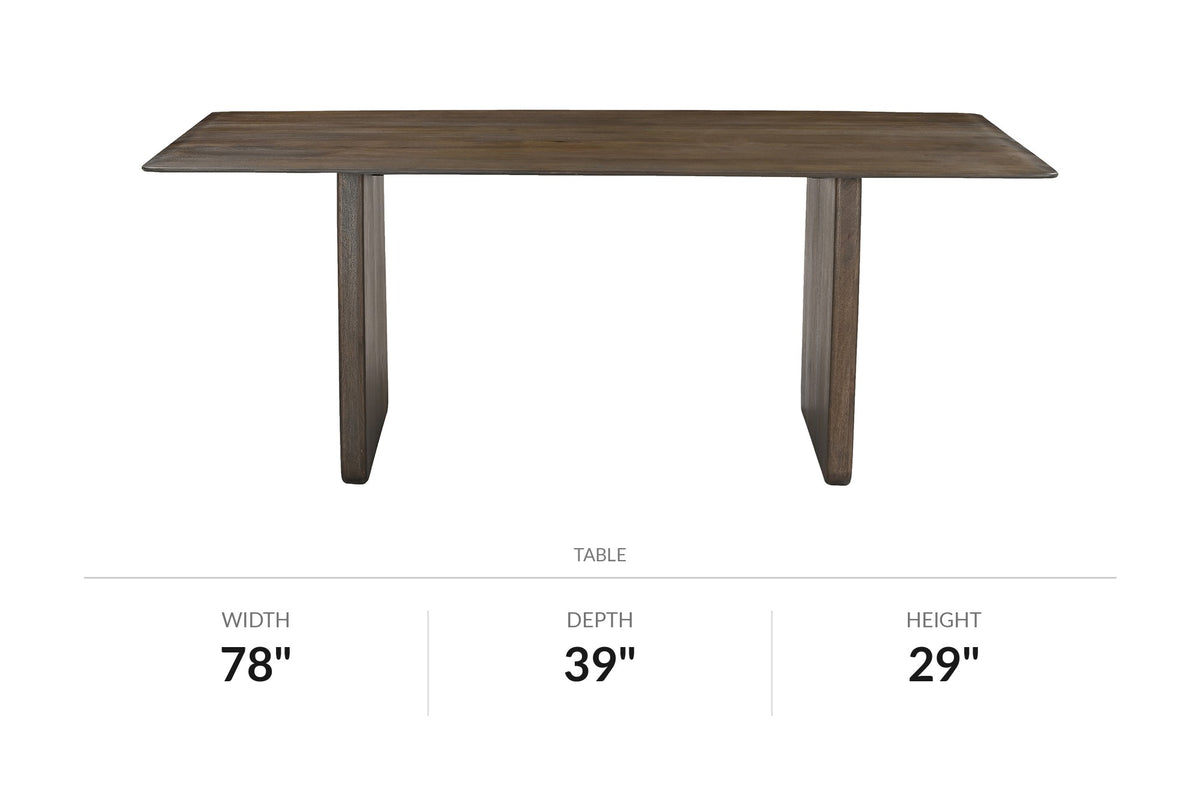 Zane mango wood dining table, front view with dimensions