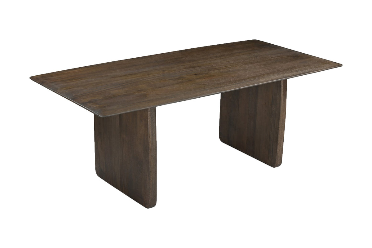 Zane dining table, three-quarter view showing the boat-shaped top and panel legs
