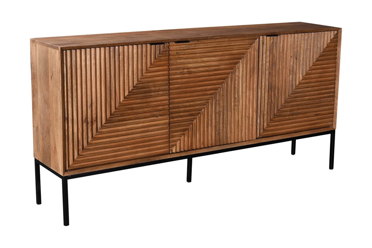 Zephyr fluted mango wood sideboard in pecan finish, three-quarter view