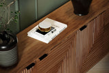 Top of the Zephyr sideboard with black tab pulls and styled decor