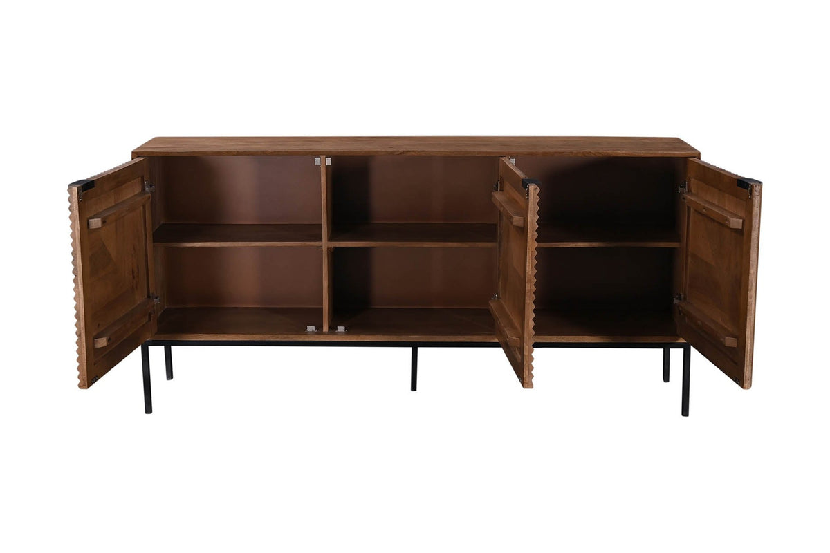 Zephyr sideboard with doors open, showing three shelved compartments
