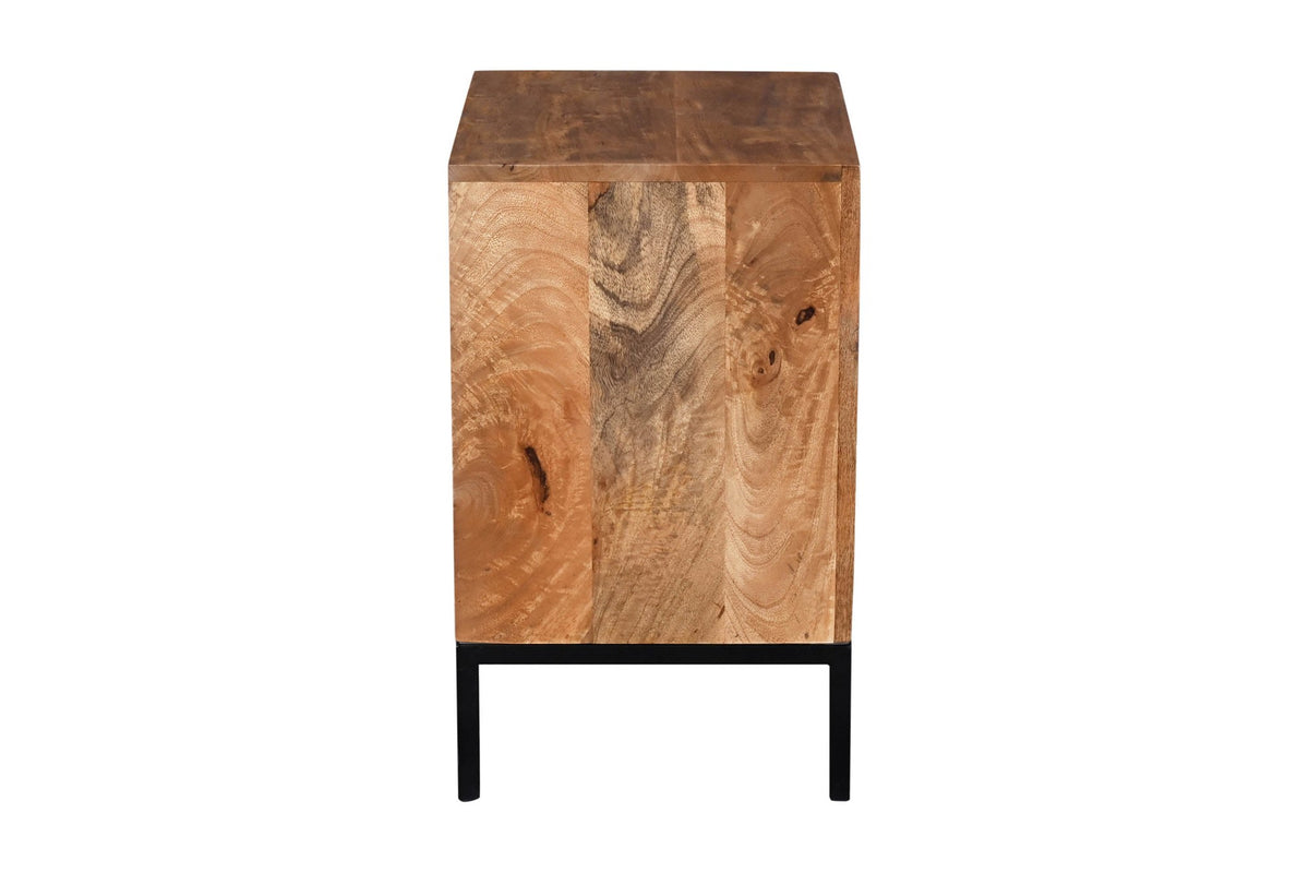 Side view of the Zephyr sideboard showing mango wood grain and black iron legs