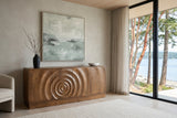 Zibello sideboard in Light Walnut against grey plaster in a Fanny Bay house on Baynes Sound, with fir slats