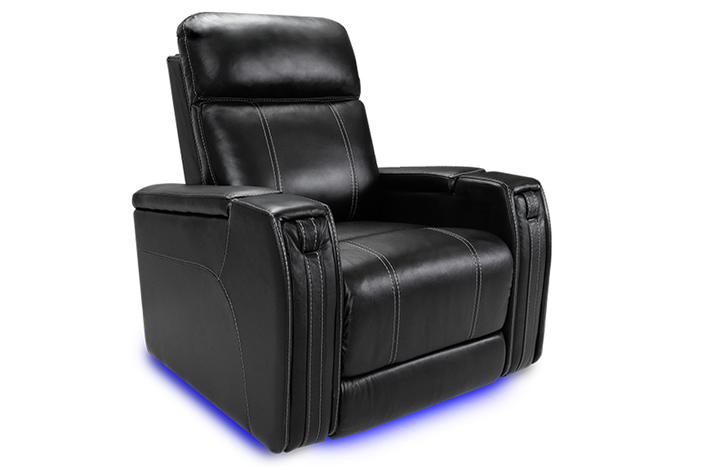 Left Angled Front View of A Luxurious, Black, Single Seat, Italian Leather Recliner Chair.