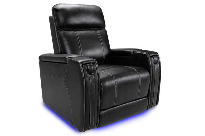 Left Angled Front View of A Luxurious, Black, Single Seat, Italian Leather Recliner Chair.