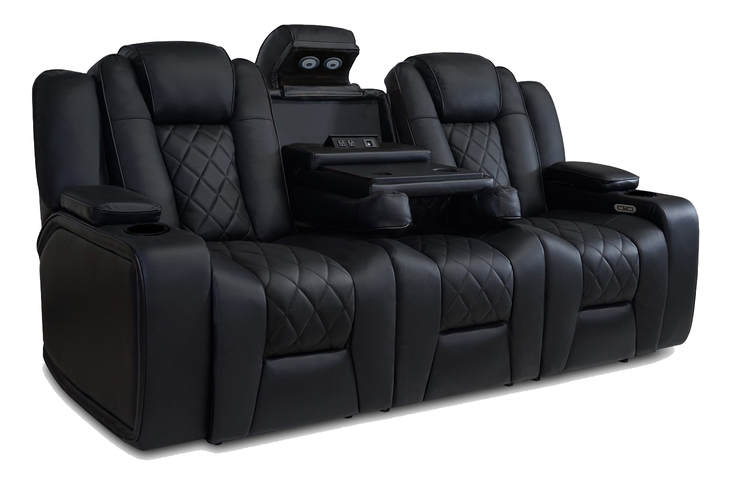 Left Angled Front View of A Luxurious, Midnight Black, Wood and Steel Frame, Oxford Premium Top Grain Nappa Leather Console Home Theater Seating.