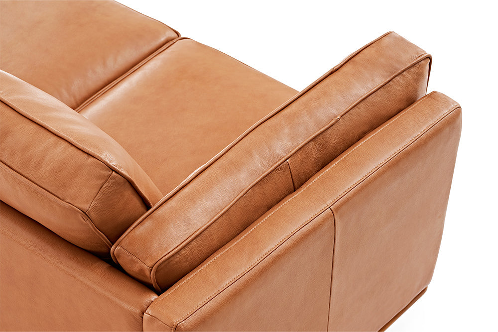 Left-Side, Top Armrest & Seat View of A Modern, Cognac, Loveseat, Leather Artisan Sofa.