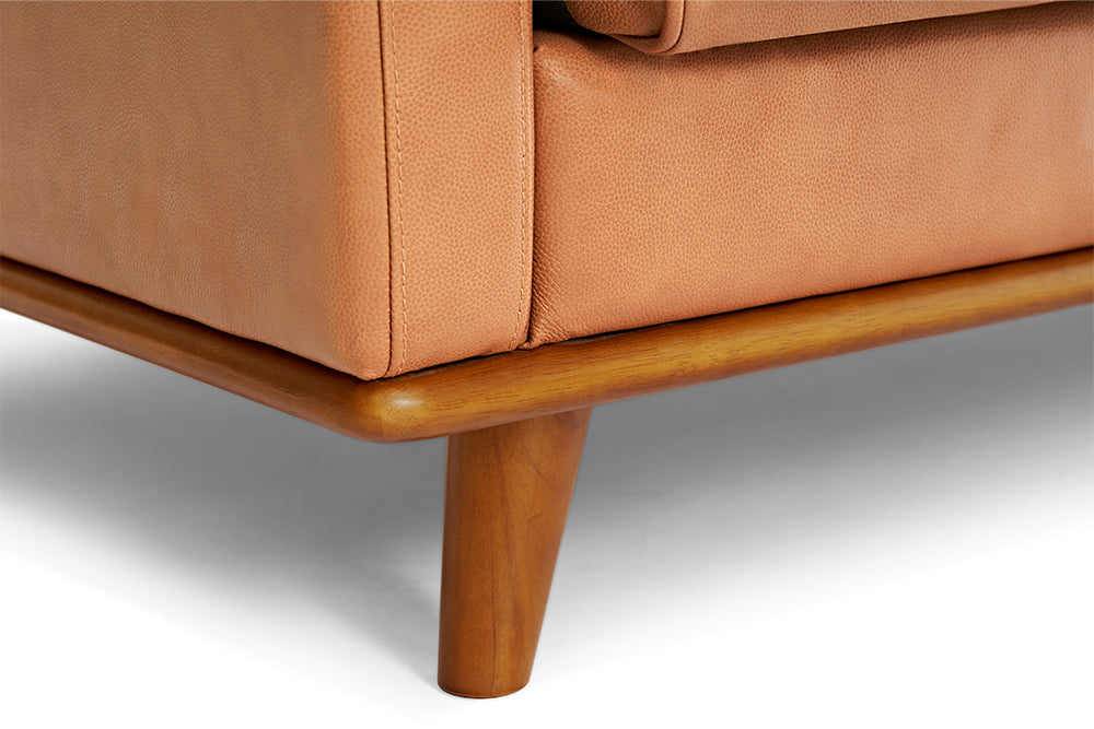 Wooden Leg Close-Up View of A Modern, Cognac, Loveseat, Leather Artisan Sofa
