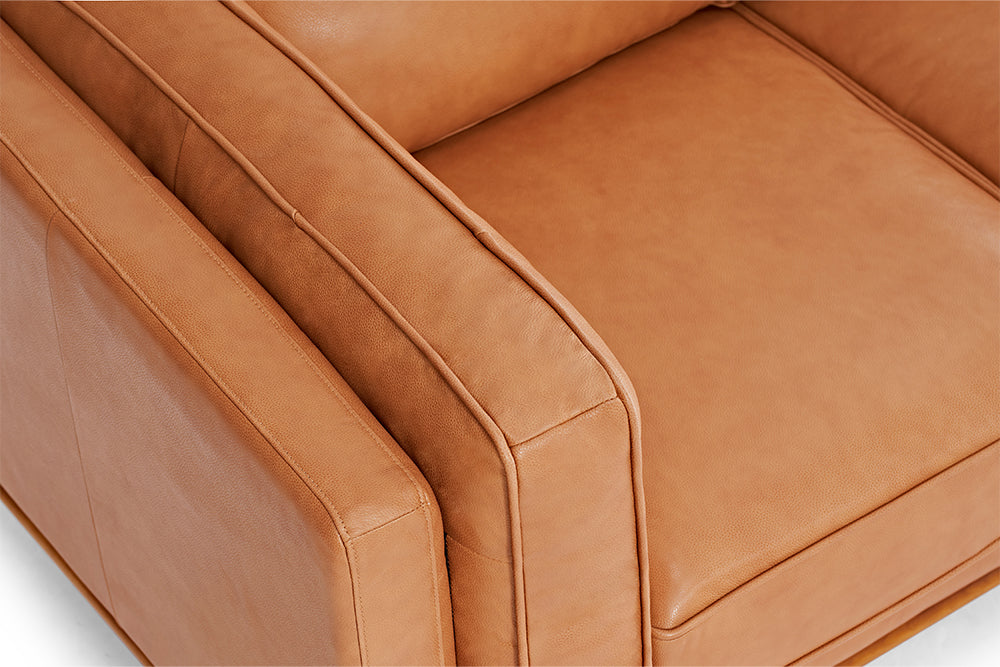 Left-Side, Half Armrest & Half Seat Close-Up View of A Modern, Cognac, Single, Leather Artisan Sofa