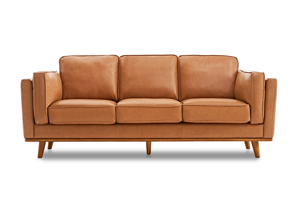 Straight Front View of A Modern, Cognac, Three Seats, Leather Artisan Sofa.