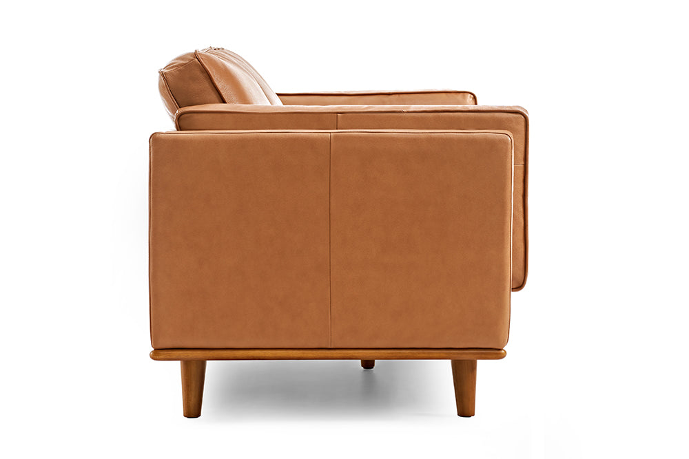 Left-Side, Back View of A Modern, Cognac, Loveseat, Leather Artisan Sofa.